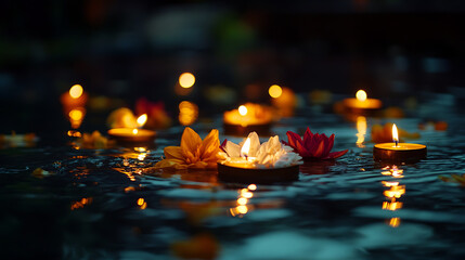 Poster - Krathong decorated with flowers and burning candles floating on a water surface at night