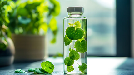 Poster - Fresh centella asiatica leaves are being infused in water inside a transparent glass bottle for preparing natural korean cosmetic products