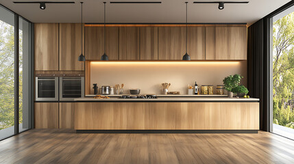 Poster - Kitchen background top counter interior wood blur home wooden empty room light white, top kitchen product background desk modern window food display design texture tabletop restaurant board wall space