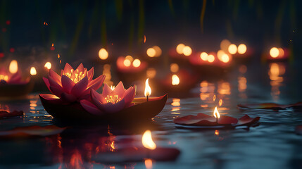 Poster - Krathong decorated with flowers and burning candles floating on a water surface at night