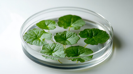 Poster - Fresh green centella asiatica plant floating on water surface in petri dish in laboratory for medical or cosmetic use