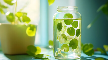 Poster - Fresh centella asiatica leaves are being infused in water inside a transparent glass bottle for preparing natural korean cosmetic products