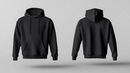Poster - Front view and rear view of black boxy fit hooded sweatshirt mockup, cotton and linen material