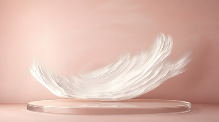 Poster - Frosted acrylic podium with light pink background and abstract white brushstrokes for artistic product displays