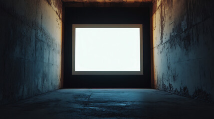 Aufkleber - Front view of a blank, white, glowing digital screen inside a dimly lit hallway with a black wall and a concrete floor, concept for the presentation, sketchup, 3d animation