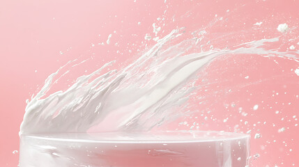 Poster - Frosted acrylic podium with light pink background and abstract white brushstrokes for artistic product displays