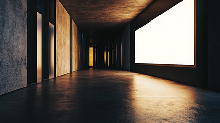 Poster - front view of a blank, white, glowing digital screen inside a dimly lit hallway with a black wall an