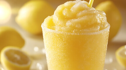Poster - Frozen lemonade is a thick version of lemonade made by mixing lemon juice, sugar and ice, creating a cool treat to help beat the summer heat