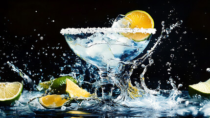 Poster - Frosty margarita cocktail with a salted rim, lime wedge, and a splash of triple sec
