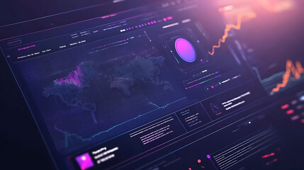Poster - Futuristic blockchain interface display with global map, decentralized network and cryptocurrency concept for business and finance