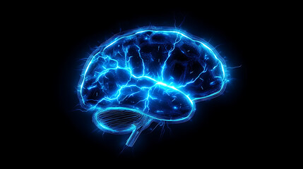 Aufkleber - Futuristic digital brain with electrical impulses, glowing brain illustration with blue particles following brain structure, neuronal and synapse activity concept