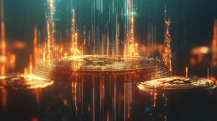 Aufkleber - Futuristic abstract visualization of decentralized finance, digital hologram illustrating blockchain technology, cryptocurrency transactions and bitcoin innovation