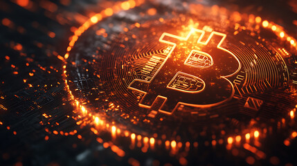 Poster - Futuristic abstract visualization of decentralized finance, digital hologram illustrating blockchain technology, cryptocurrency transactions and bitcoin innovation