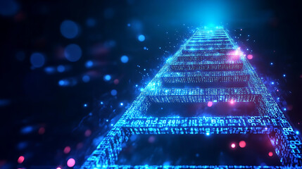 Poster - Futuristic digital background with a ladder embedded with cascading binary code, symbolizing the ascent through technology and information
