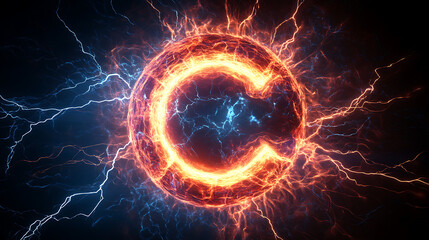 Poster - Letter c electric plasma ball with branching lightning on black background dynamic energy