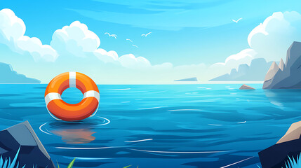 Poster - Lifebuoy floating on sea banner background