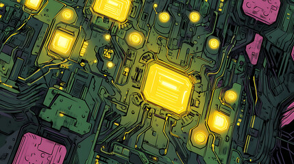 Aufkleber - Futuristic digital circuit board illustration, glowing lights and intricate pathways symbolizing technology and innovation, raster illustration, pop art comic book style imitation