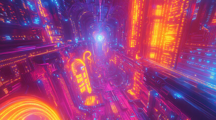 Poster - Futuristic digital circuit board illustration, glowing lights and intricate pathways symbolizing technology and innovation, raster illustration, pop art comic book style imitation
