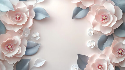 Poster - Light blush camellias in the corners, creating a minimalist border, camellia flowers leaves and wild flowers at footer background, pastel color