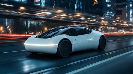 Poster - Futuristic white electric car driving fast on the night highway in the city with blurred lights, concept of future, speed and technology