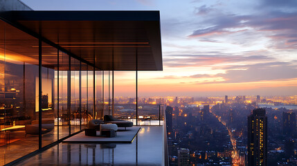 Poster - Glass-walled room with a panoramic view of a cityscape at dusk, on a city light background, concept of modern architecture