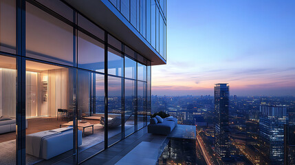 Aufkleber - Glass-walled room with a panoramic view of a cityscape at dusk, on a city light background, concept of modern architecture