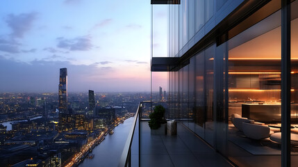 Poster - Glass-walled room with a panoramic view of a cityscape at dusk, on a city light background, concept of modern architecture