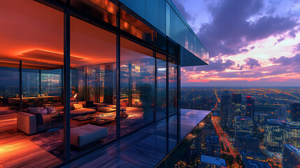 Aufkleber - Glass-walled room with a panoramic view of a cityscape at dusk, on a city light background, concept of modern architecture
