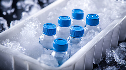 Poster - Glass vials with blue screw tops resting on dry ice, ready to be transported in a styrofoam container that looks professional, selected focus
