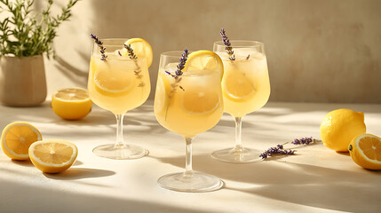 Poster - Glasses of refreshing lavender lemonade with lemon slices and lavender sprigs on a light background, summer beverage concept