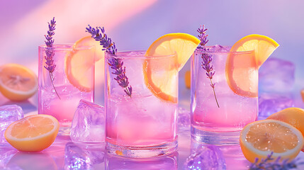 Aufkleber - Glasses of refreshing lavender lemonade with lemon slices and lavender sprigs on a light background, summer beverage concept