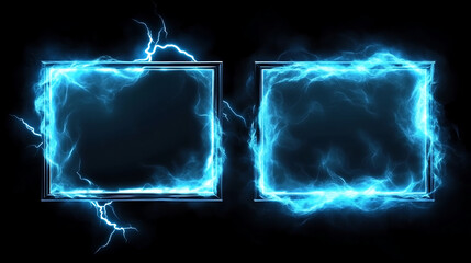 Fototapete - Lightning frames, blue electric borders of rectangular and square shapes with thunder bolt effect