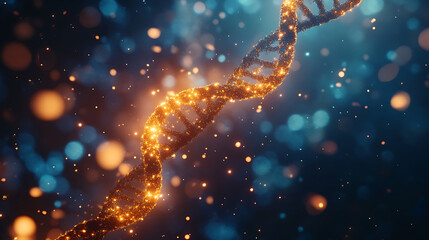 Leinwandbilder - Glowing dna strand forming with light particles floating around it on a blue background