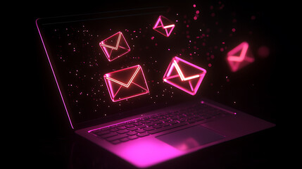 Poster - Glowing email icons emerging from laptop with sparkles
