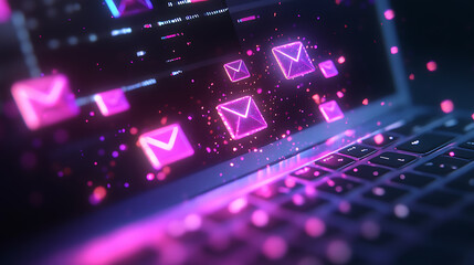 Poster - Glowing email icons emerging from laptop with sparkles