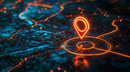 Poster - Glowing location pin on an interactive map with multiple route wires leading to different locations, symbolizing the concept of futuristic navigation technology and urban travel planning