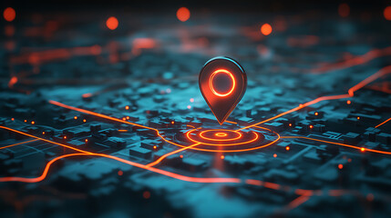 Poster - Glowing location pin on an interactive map with multiple route wires leading to different locations, symbolizing the concept of futuristic navigation technology and urban travel planning