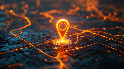 Aufkleber - glowing location pin on an interactive map with multiple route wires leading to different locations,