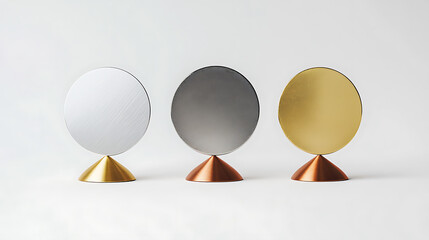 Poster - Gold, silver and bronze simple trophy, first, second and third place medals or awards isolated on white background, empty badge, minimalist, modern and luxury