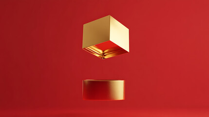 Aufkleber - Golden gift box floating above an empty one on a red background