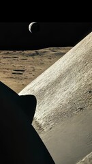 Wall Mural - view of a lunar landscape with craters and a distant planetary body during a cosmic twilight