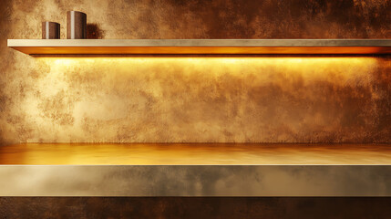 Aufkleber - Golden steel countertop, empty shelf, kitchen counter on gold background with spot light, bar desk surface in foreground