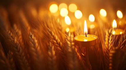 Poster - Golden wheat sheaves arranged with lit diyas, symbolizing a traditional harvest celebration, emitting a warm, festive glow