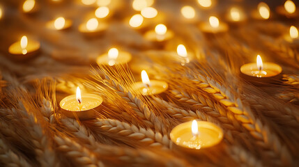 Poster - Golden wheat sheaves arranged with lit diyas, symbolizing a traditional harvest celebration, emitting a warm, festive glow
