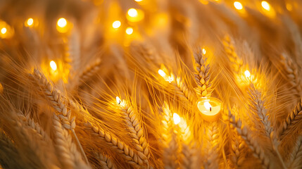 Poster - Golden wheat sheaves arranged with lit diyas, symbolizing a traditional harvest celebration, emitting a warm, festive glow