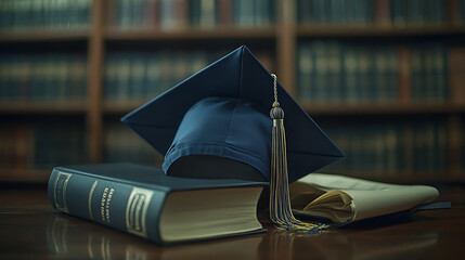 Poster - Graduation cap, books and diploma on a table, library background, blurred background, copy space