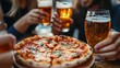 © elena - leisure, food and drinks, people and holidays concept - close up of friends eating pizza and drinking beer at restaurant or pub