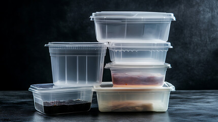Poster - Lots of hygienic plastic food packaging boxes, stack of single-use plastic containers for food delivery, isolated on dark background