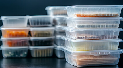 Poster - Lots of hygienic plastic food packaging boxes, stack of single-use plastic containers for food delivery, isolated on dark background