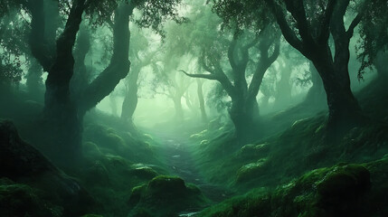 Poster - Green foggy forest landscape